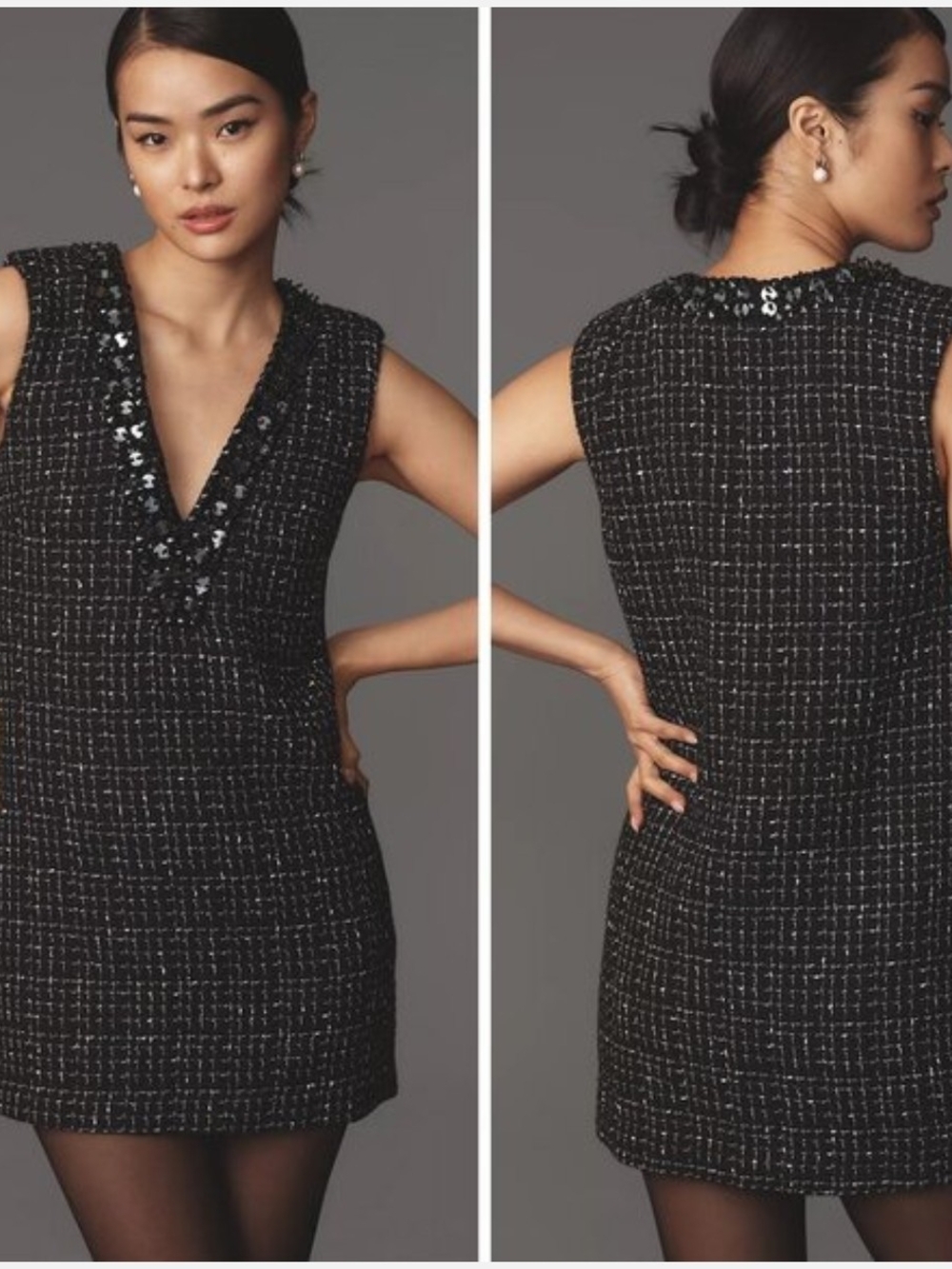 Maeve Black Tweed V-Neck Mini Dress with Sequin Trim